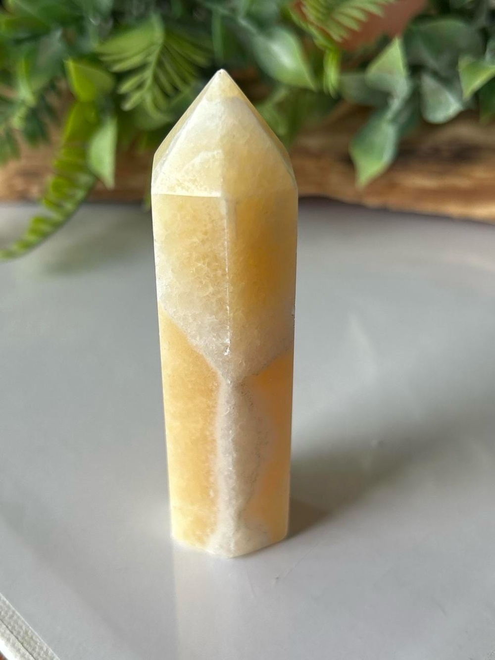 Yellow calcite crystal point tower 3.25” 81g
